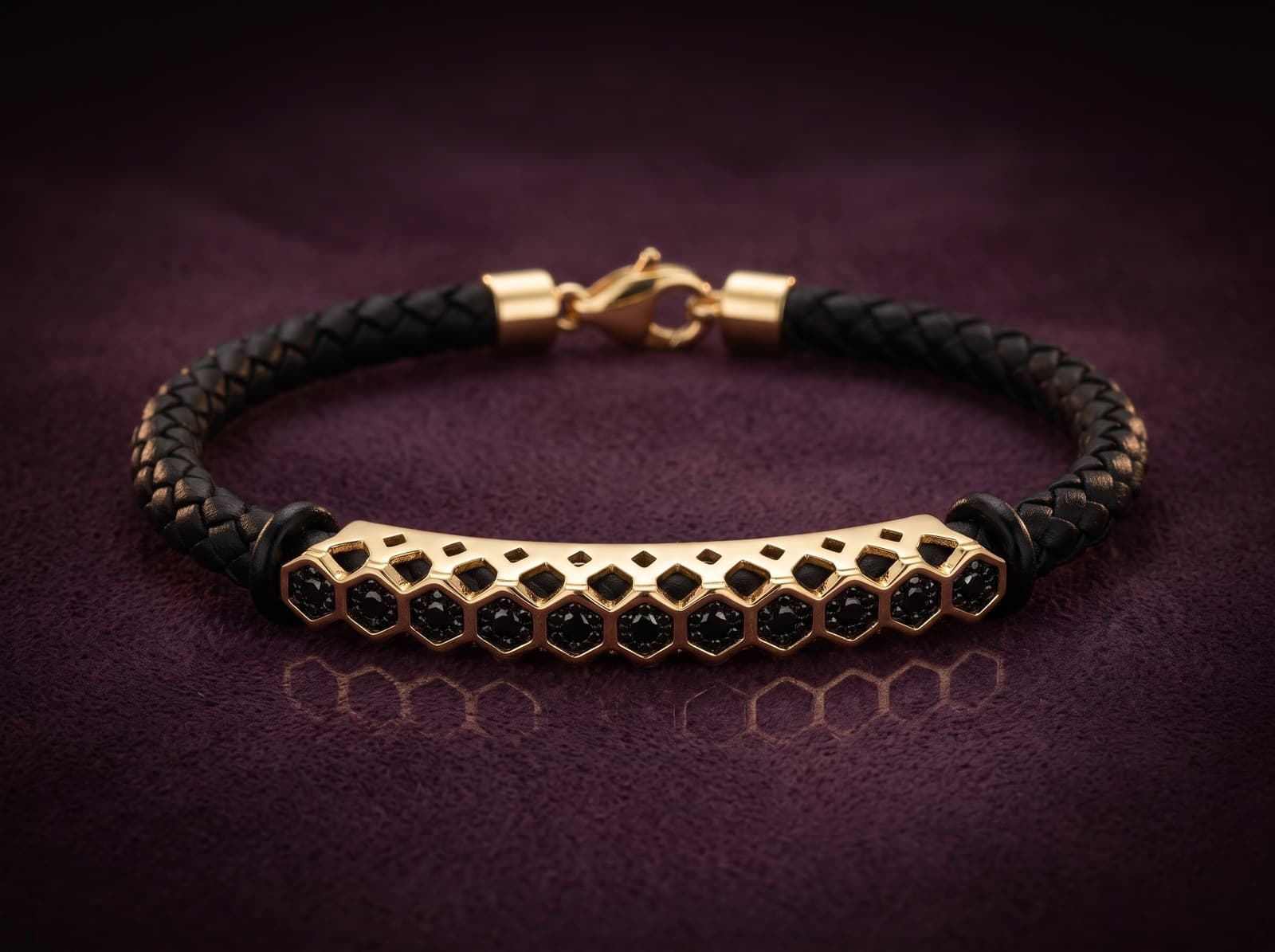 Tayyib · Men's Hexagon Cutout Leather Gold Bracelet — studio