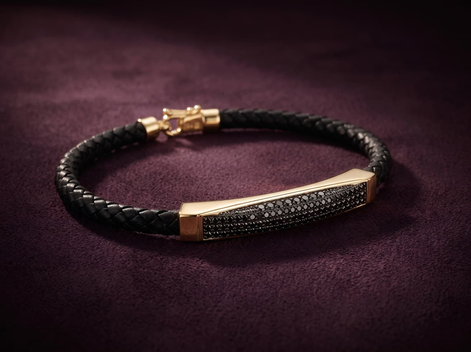 Uns · Men’s Black Pavé Bar Leather Gold Bracelet — studio