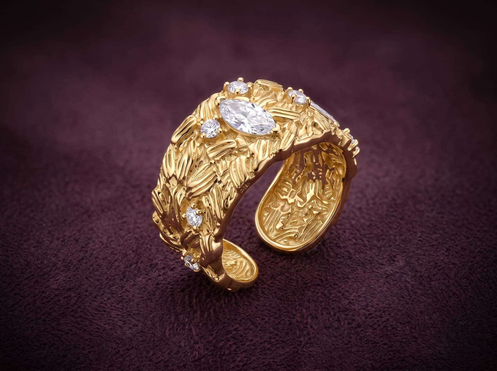 Sawsan · Textured Open Cuff Diamond Ring — studio